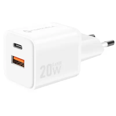Forcell, Mrežni polnilnik GaN III 20 W z vrati USB-C + USB Mini format, Bela