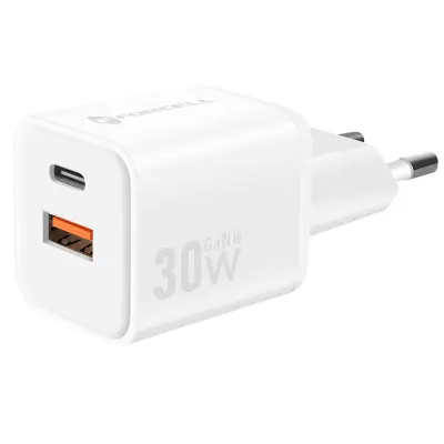 Forcell, GaN III 30W omrežni polnilnik z USB-C + USB vratom v mini formatu, Bela