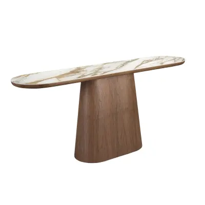 Ovalna polkrožna konzolna mizica iz porcelanastega marmorja in oreha