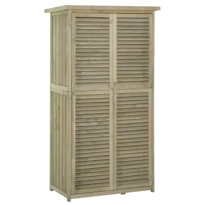 Outsunny lesena vrtna lopa z bitumensko streho, lamelna vrata, 4 police, siva, 87x46,5x160cm, vrtna omarica