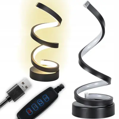 LED spiralna namizna svetilka 3 barve svetlobe USB črna