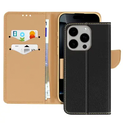 Ohišje za iPhone 16 Pro Max Wallet Leather Saffiano Fancy, Črna / Zlata