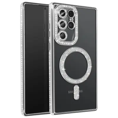 Diamantno ohišje za Samsung Galaxy S25 Ultra MagSafe Obris Strass, Srebrna