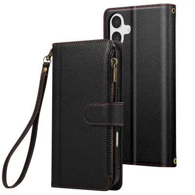 Zadeva Folio za iPhone 16 z zadrgo z odstranljivim ramenskim pasom, Črna