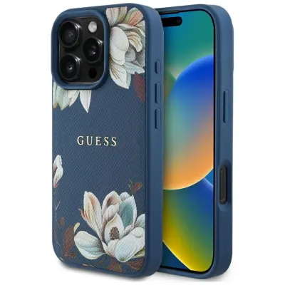 OVITEK GUESS CASE Z ZRNATIM POTISKOM ROŽIČNI VZOREC ZA MAGSAFE IPHONE 16 PRO