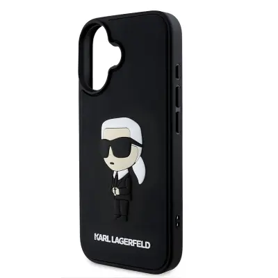 Karl Lagerfeld, Silikonski ovitek za iPhone 16 Rubber Ikonik 3D Zdravilo proti oderu, Črna
