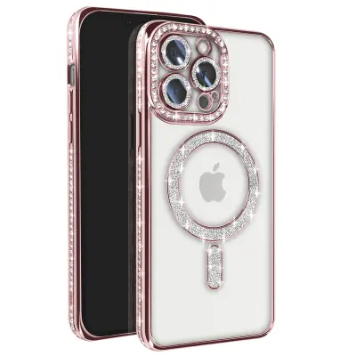 Diamantno ohišje za iPhone 13 Pro MagSafe Obris Strass, Roza
