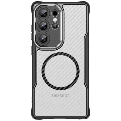 Ovitek za Samsung Galaxy S24 Ultra, odporen na udarce, MagSafe, videz karbona, Prozorno črna