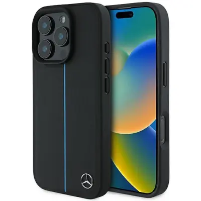 MERCEDES MEHMP16L23RURBK IPHONE 16 PRO 6.3 CZARNY/BLACK HARDCASE MB BLUE LINE LEATHER MAGSAFE
