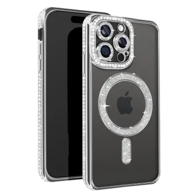 Diamond Case za iPhone 15 Pro Zaščita MagSafe Contour Strass, Srebrna