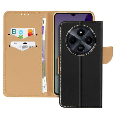 Ohišje za Xiaomi Redmi 14C Wallet Leather Saffiano Fancy, Črna / Zlata