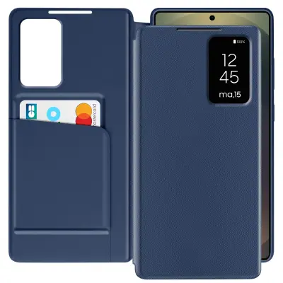 Usnjeno ohišje za Galaxy S25 Ultra zaslon z okencem za kartice, Modra noč