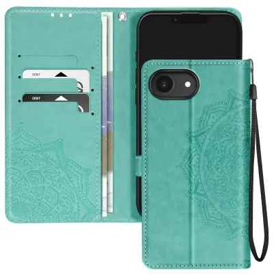 Ohišje Flower Mandala za iPhone 16e Denarnica s trakom, Zelena