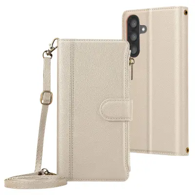 Zadeva Folio za Samsung Galaxy A56 z zadrgo z odstranljivim ramenskim pasom, Bež