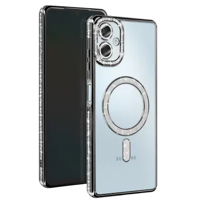 Diamantno ohišje za Samsung Galaxy A06 MagSafe Obris Strass, Črna