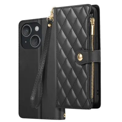 Teksturirano Zadeva za iPhone 15 z video stojalom in držalom za kartice, Črna