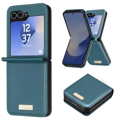 Ohišje za Samsung Galaxy Z Flip 6 Vegansko usnje, dizajn Fin Canard, Modro raca