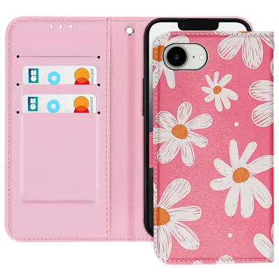 Ovitek za iPhone 16e Daisy design z zapestnim trakom in nosilcem za kartice, Fuksija