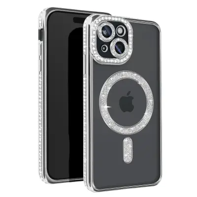 Diamond Case za iPhone 15 Zaščita MagSafe Contour Strass, Srebrna