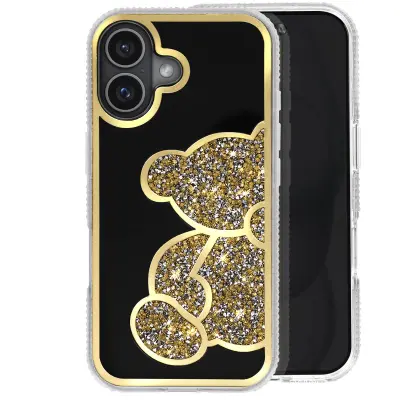 Ohišje z bleščicami za iPhone 16 Vzorec medvedka s štrasom, Zlata