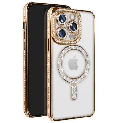 Diamantno ohišje za iPhone 14 Pro MagSafe Obris Strass, Zlata