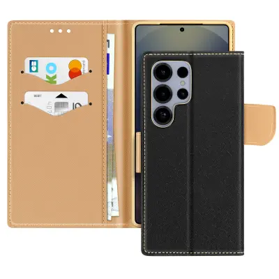 Ohišje za Samsung Galaxy S25 Ultra Wallet Leather Saffiano Fancy, Črna / Zlata