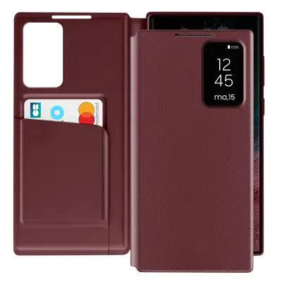 Usnjeno ohišje za Galaxy S22 Ultra Display Window Card Case, Bordeaux
