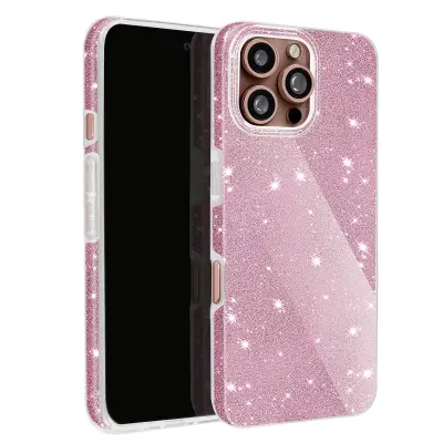 Pokrov z bleščicami za iPhone 16 Pro Hybride Glamour Design, Rose clair