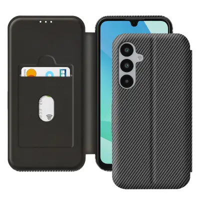 Ohišje za telefon Samsung A16 iz ogljikovih vlaken s podporo za videoposnetke in zaščito proti RFID, Črna
