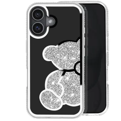 Ohišje z bleščicami za iPhone 16 Vzorec medvedka s štrasom, Srebrna