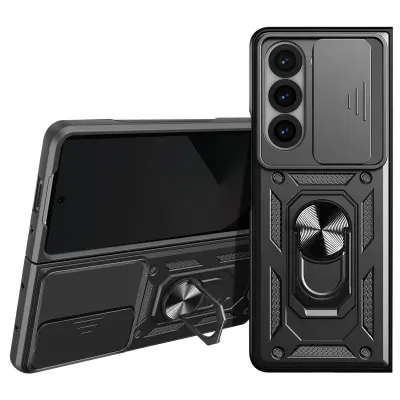 Ohišje s prstanom za Samsung Galaxy Z Fold 6 Zaščita pred udarci s pokrovom kamere, Črna