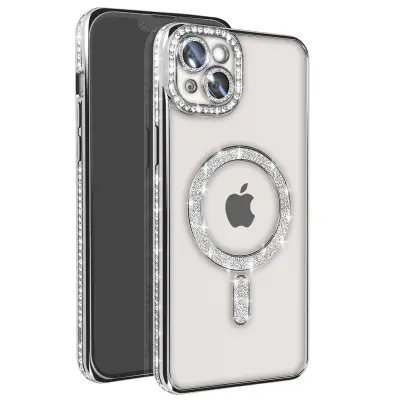 Diamantno ohišje za iPhone 14 Plus MagSafe Obris Strass, Srebrna