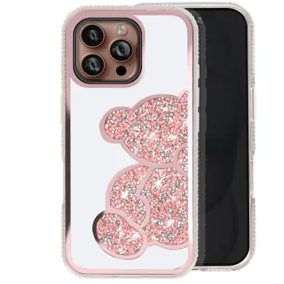 Ohišje z bleščicami za iPhone 16 Pro Max Vzorec medvedka s štrasom, Roza