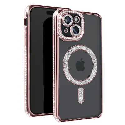 Diamond Case za iPhone 15 Zaščita MagSafe Contour Strass, Šampanjec roza