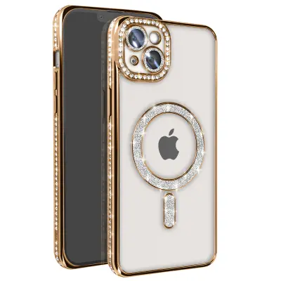 Diamantno ohišje za iPhone 14 Plus MagSafe Obris Strass, Zlata