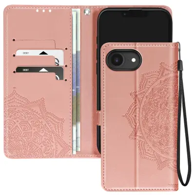 Ohišje Flowers Mandala za iPhone 16e Wallet Strap, Šampanjec roza