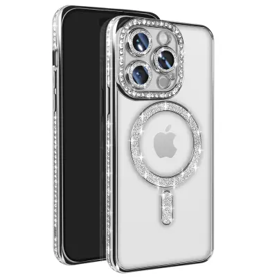 Diamantno ohišje za iPhone 14 Pro MagSafe Obris Strass, Srebrna