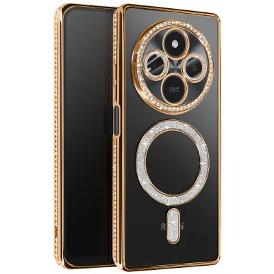 Diamantni ovitek za Xiaomi Redmi 14C MagSafe Obris Strass, Zlata