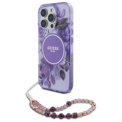 GUESS GUHMP16XHFWBRCESU IPHONE 16 PROMAX 6.9 FIOLETOWY/PURPLE HARDCASE IML FLOWERS WITH PEARL STRAP MAGSAFE