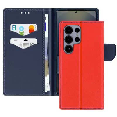 Ohišje za Samsung Galaxy S25 Ultra Wallet Leather Saffiano Fancy, Modro / Rdeče