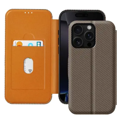 Ohišje za iPhone 16 Pro Carbon Fibre Video in podpora proti RFID, Rjava