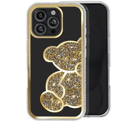 Ohišje z bleščicami za iPhone 16 Pro Max Vzorec medvedka s štrasom, Zlata