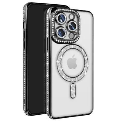 Diamantni ovitek za iPhone 14 Pro MagSafe Obris Strass, Črna