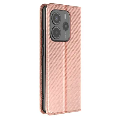 Karbonsko ohišje za Xiaomi Redmi Note 14 5G Wallet Video držalo, Šampanjec roza