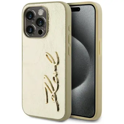 KARL LAGERFELD KOVINSKI OVITEK S PODPISOM Z GUBKAMI ZA IPHONE 15 PRO MAGNETNI