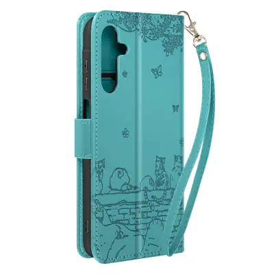 Torbica za Samsung Galaxy A15 5G Kawaii Cat Design Denarnica z ovitkom za trak za roko, Svetlo modra