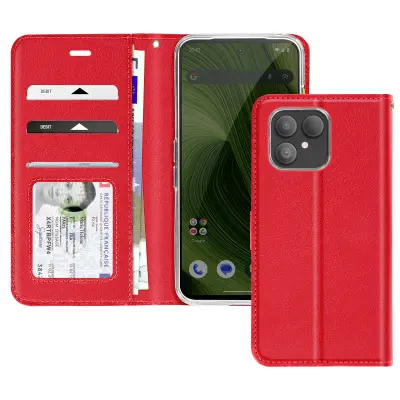Preklopna torbica za Fairphone 6 z vgrajenim držalom za kartice in video stojalom, Rdeča
