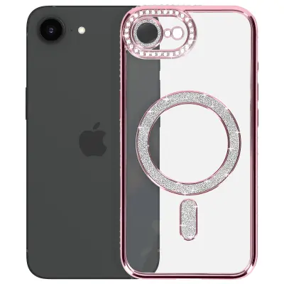 Diamantno ohišje za iPhone 16e MagSafe Obris Strass, Šampanjec roza