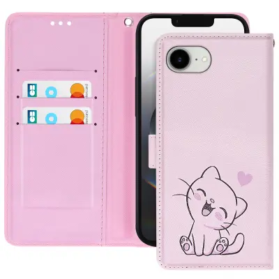 Ohišje za iPhone 16e Kawaii Kitten s trakom in držalom za kartice, Rose clair