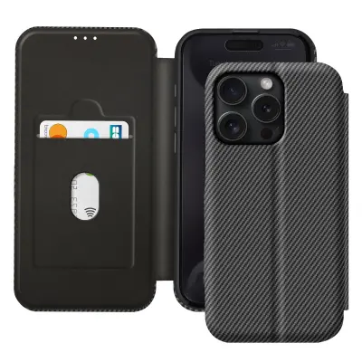 Ohišje za iPhone 15 Pro Max iz ogljikovih vlaken s podporo za videoposnetke in zaščito pred RFID, Črna